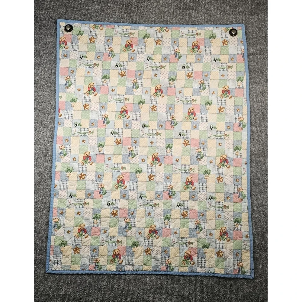 Vintage Blue Jean Teddy Bear Baby Blanket Quilt Bunny Duck Panda Stars 32